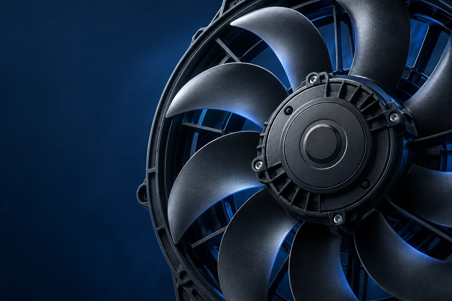 Concept visualization of an automotive cooling fan with graphite blades and blue studio lighting