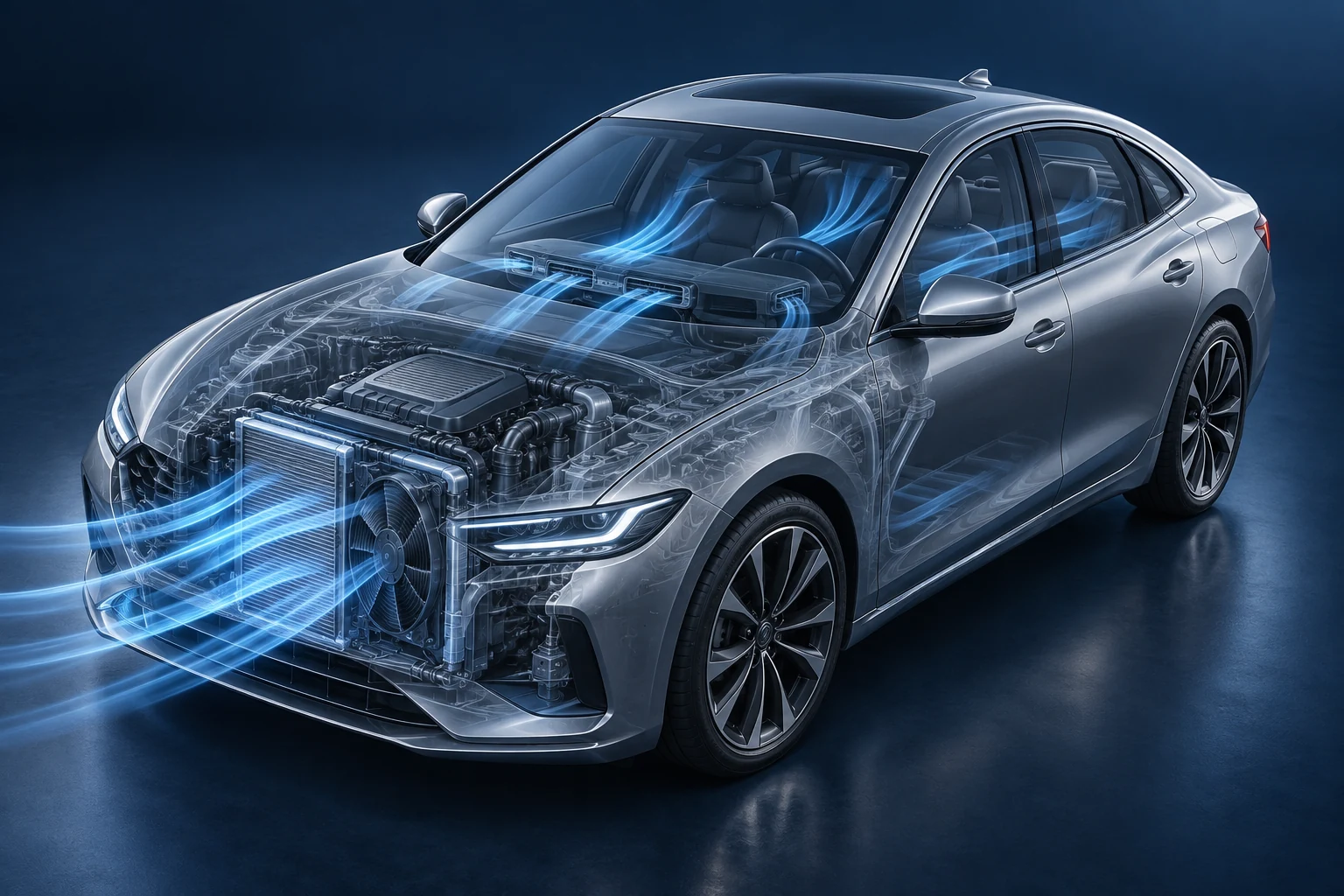 Concept illustration of vehicle engine cooling and cabin ventilation with a translucent car body