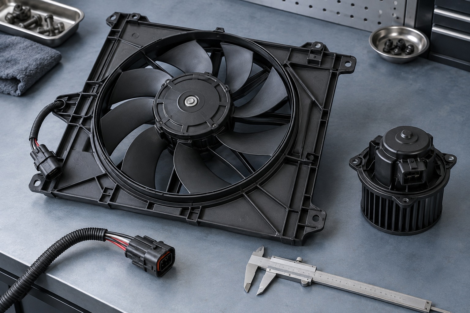 Ilustración de un electroventilador, un soplador y conectores para comparar especificaciones