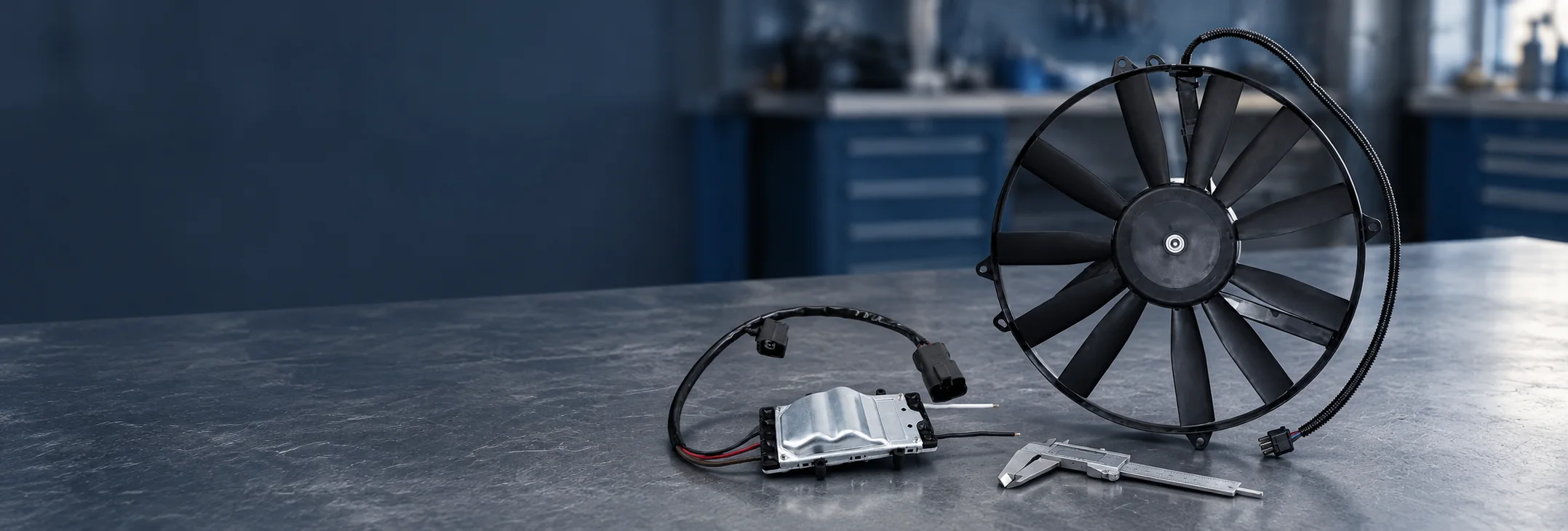 Radiator fan and control module on a blue-grey inspection bench