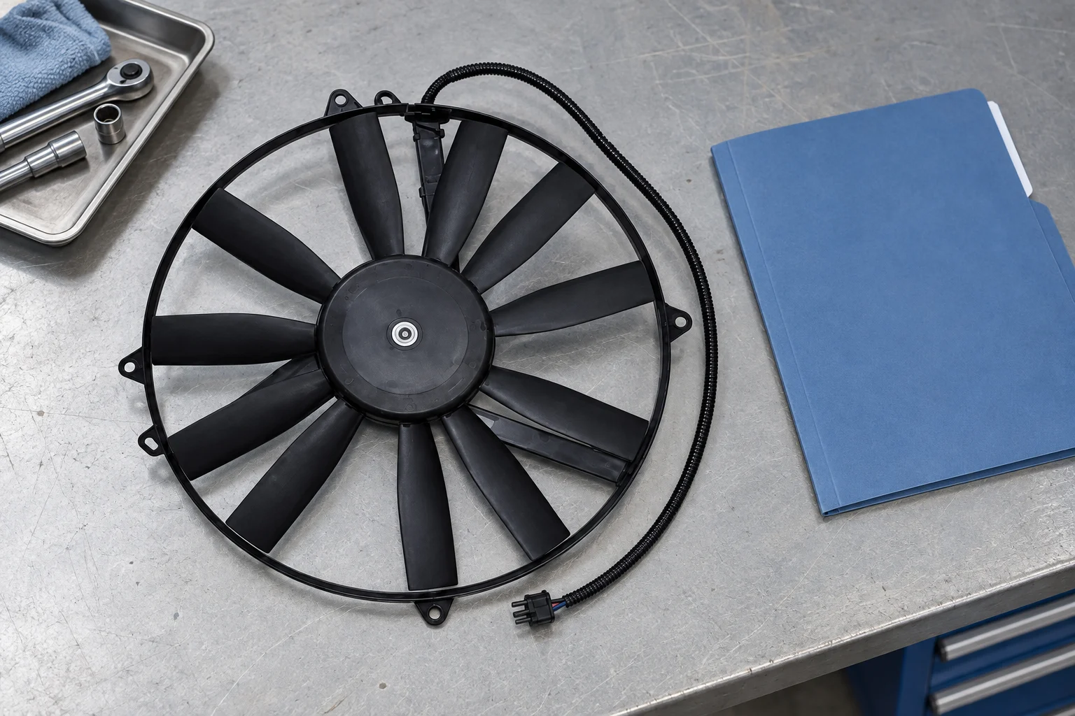 Radiator fan beside a blue document folder on a workbench