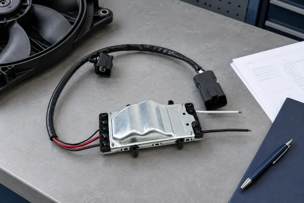 Cooling fan control module and reference paperwork on an inspection desk