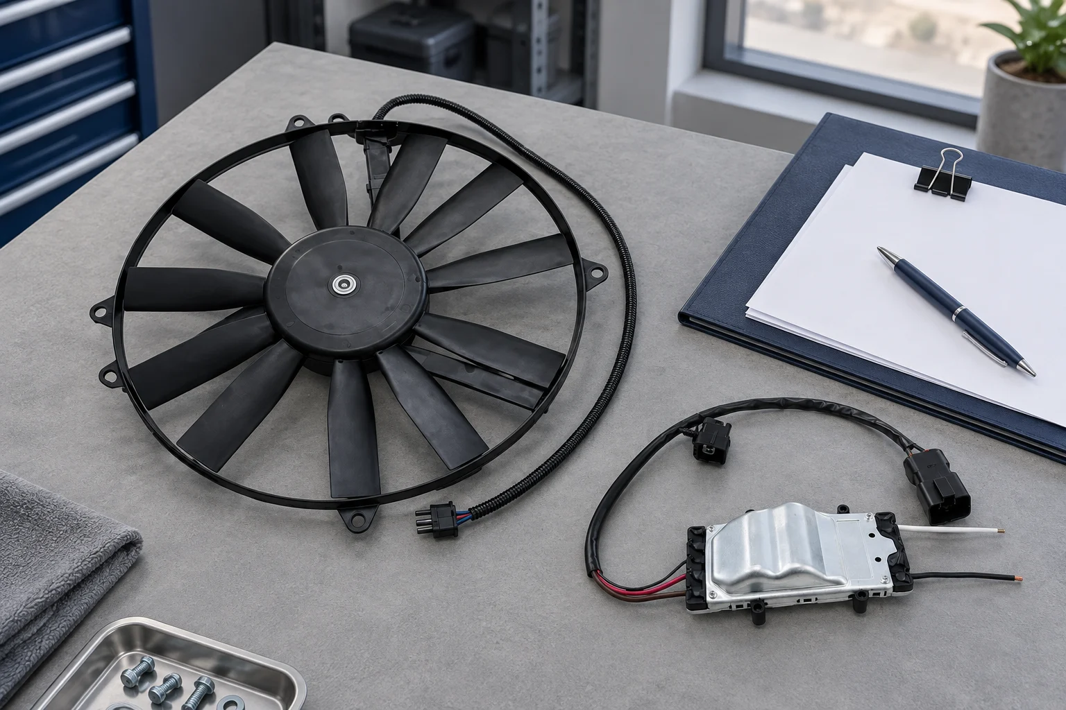 Radiator fan and control module beside a folder, blank papers and pen