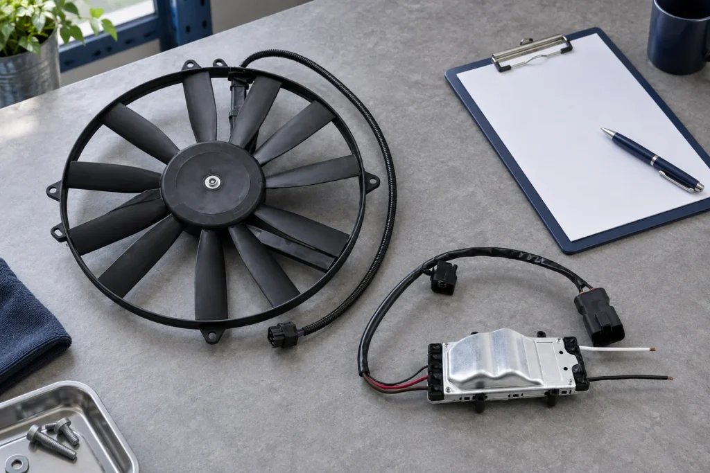 Radiator fan and control module beside a clipboard on a sourcing desk